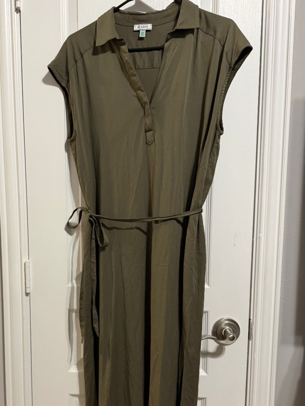 Susina Olive Green Sleeveless Tie Waist Midi Maxi Shirt Dress - Size L